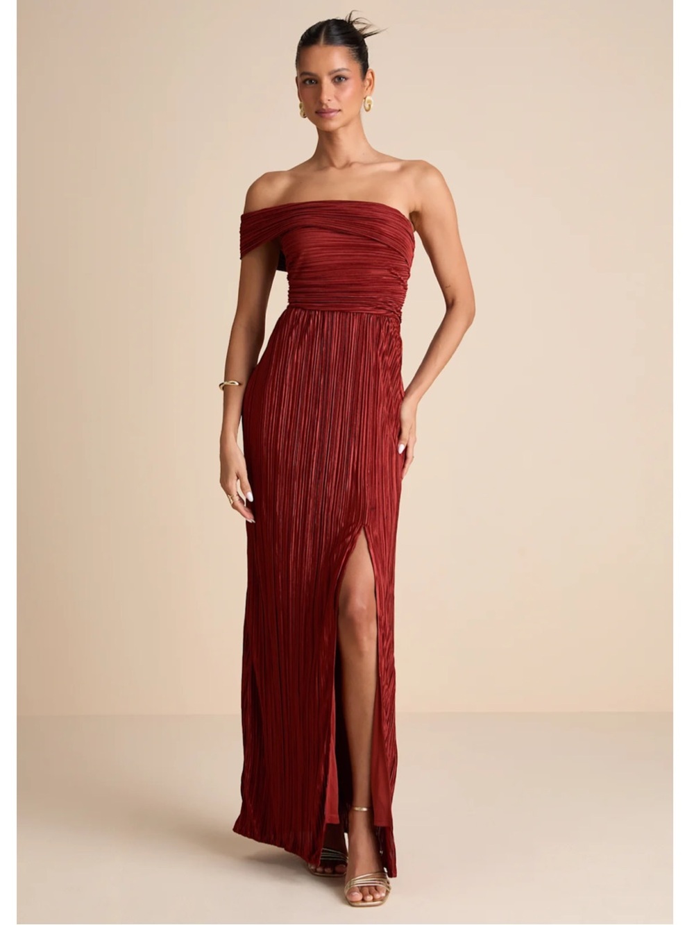Lulus Poised Performance Rust Red Plisse One-Shoulder Pleated Maxi Dress NWT M